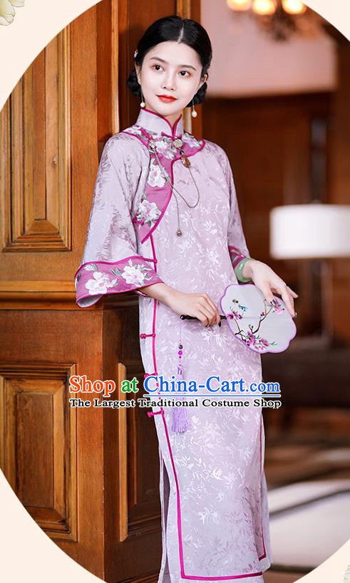 China Classical Embroidered Lilac Silk Cheongsam Traditional Minguo Mandarin Sleeve Qipao Dress