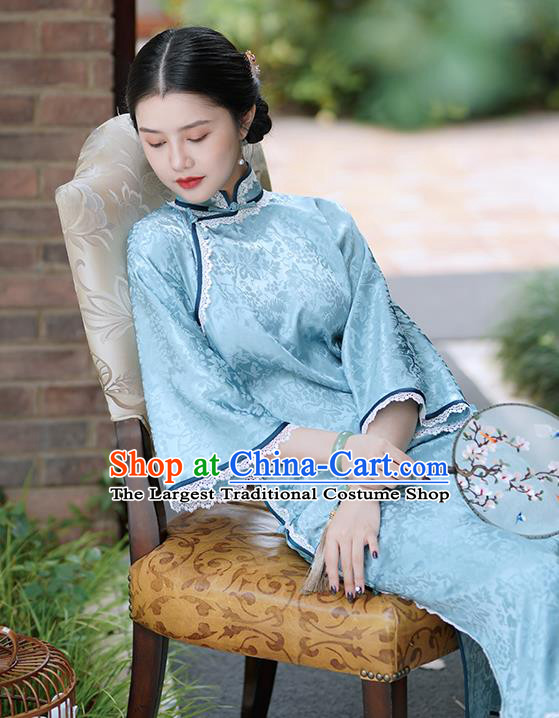 Republic of China Classical Mandarin Sleeve Blue Silk Qipao Dress Traditional Minguo Young Lady Cheongsam