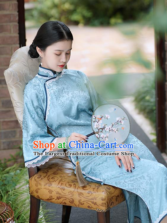 Republic of China Classical Mandarin Sleeve Blue Silk Qipao Dress Traditional Minguo Young Lady Cheongsam