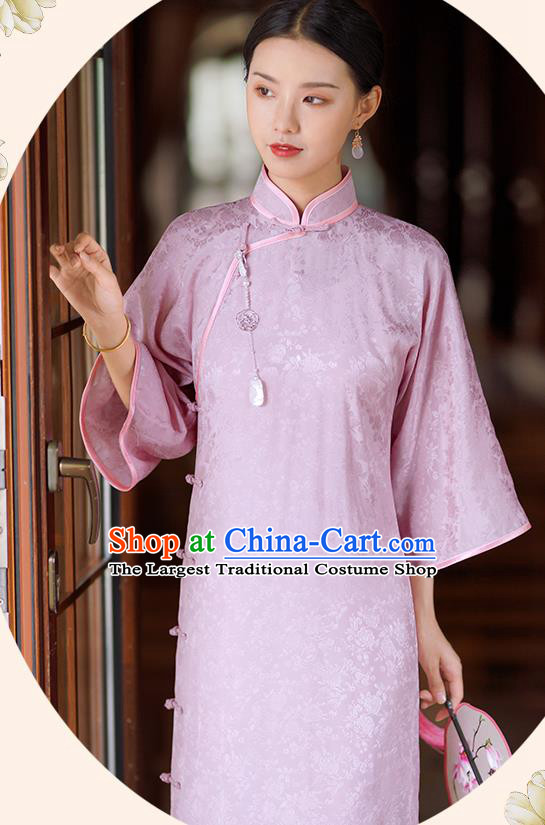 Republic of China Classical Stand Collar Qipao Dress Traditional Minguo Young Lady Pink Cheongsam