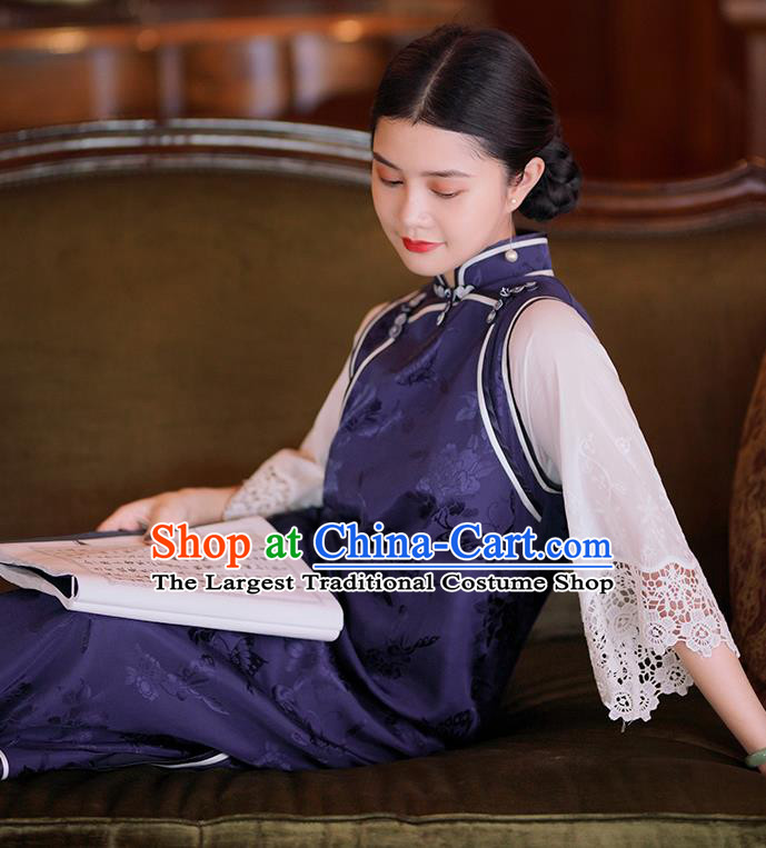 Republic of China Classical Navy Silk Qipao Dress Traditional Minguo Shanghai Young Lace Mandarin Sleeve Cheongsam