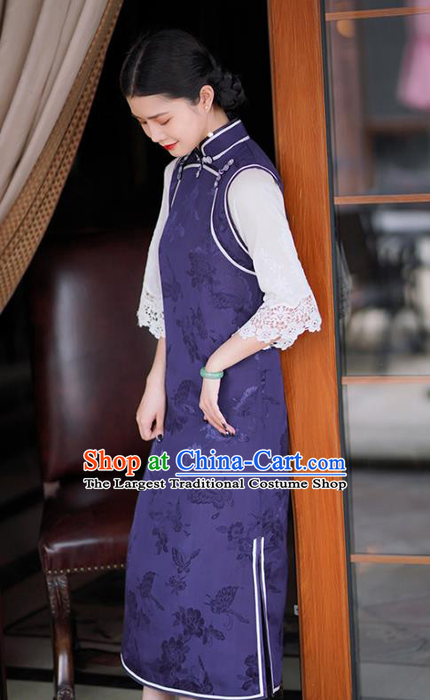 Republic of China Classical Navy Silk Qipao Dress Traditional Minguo Shanghai Young Lace Mandarin Sleeve Cheongsam