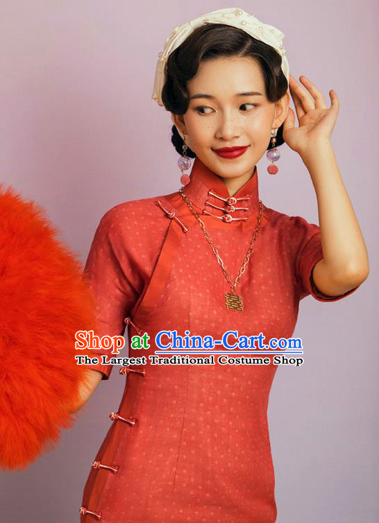 China Classical Stage Performance Cheongsam Traditional Shanghai Young Beauty Red Flax Qipao Dress