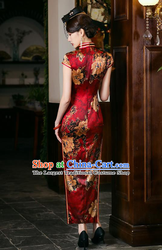 China National Wedding Mother Red Silk Cheongsam Traditional Woman Printing Peony Qipao Dress
