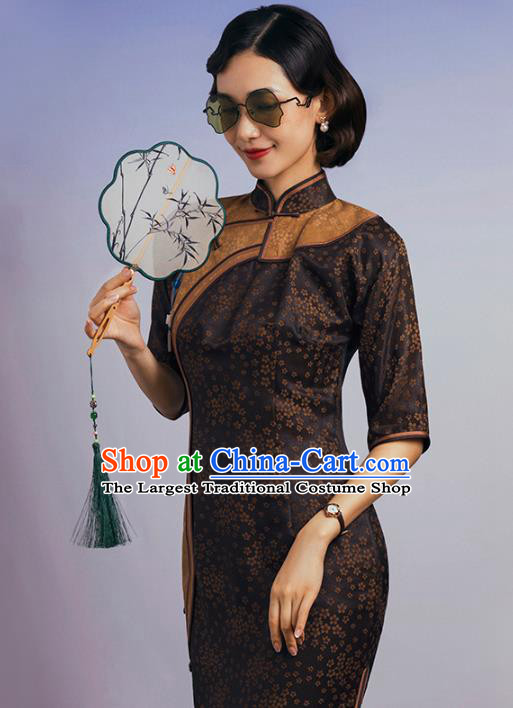 China Traditional Minguo Upper Outer Garment Qipao Dress Classical Plum Pattern Brown Silk Cheongsam