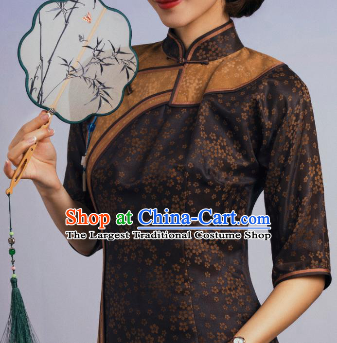 China Traditional Minguo Upper Outer Garment Qipao Dress Classical Plum Pattern Brown Silk Cheongsam