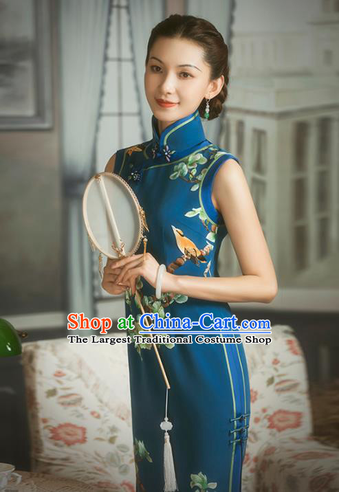 China Classical Embroidered Mangnolia Cheongsam Traditional Minguo Shanghai Blue Silk Qipao Dress