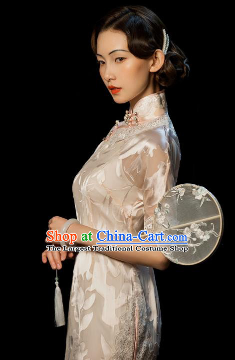 China Traditional Minguo Stand Collar Qipao Dress Classical Old Shanghai Light Pink Cheongsam