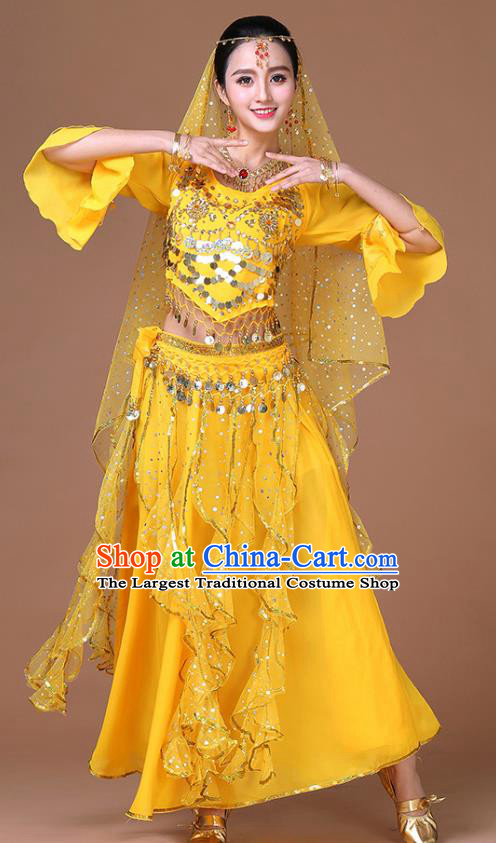 Indian Princess Dance Sequins Blouse and Skirt Belly Dance Yellow Uniforms Bollywood Sexy Dance Clothing