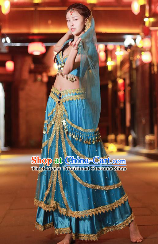 Indian Jasmine Princess Blue Sequins Blouse and Skirt Traditional Belly Dance Uniforms Asian Bollywood Performance Clothing