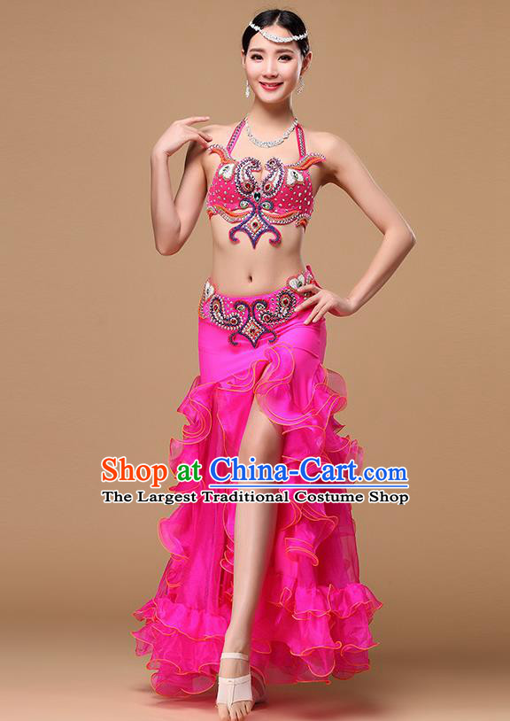 Asian Belly Dance Rosy Uniforms Oriental Dance Clothing Indian Traditional Stage Performance Bra and Fishtail Skirt