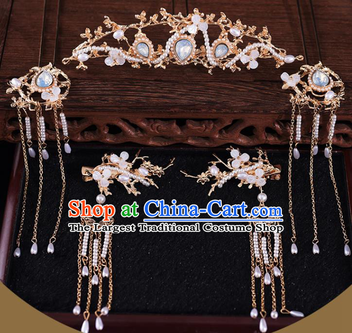 Chinese Bride Headdress Traditional Wedding Hair Accessories Classical Xiuhe Suit Hair Comb and Tassel Hair Claws
