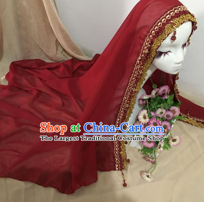 Chinese Ethnic Bride Wine Red Veil Traditional Hui Nationality Wedding Headdress