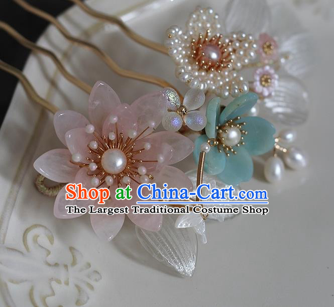 China Ming Dynasty Rose Quartz Lotus Hair Comb Traditional Hanfu Hair Accessories Ancient Princess Pearls Hairpin