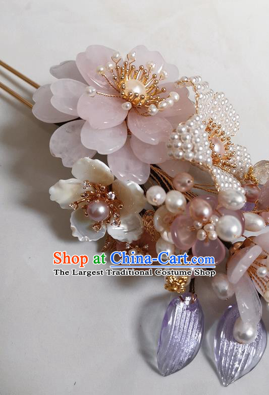 China Traditional Ming Dynasty Hanfu Hair Accessories Ancient Court Woman Rose Quartz Hairpin Handmade Pearls Hair Stick