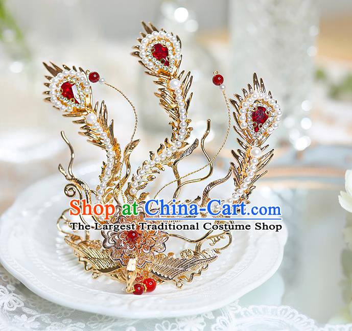 China Ming Dynasty Court Lady Golden Phoenix Hair Crown Handmade Traditional Hanfu Hair Accessories Ancient Empress Pearls Hairpin