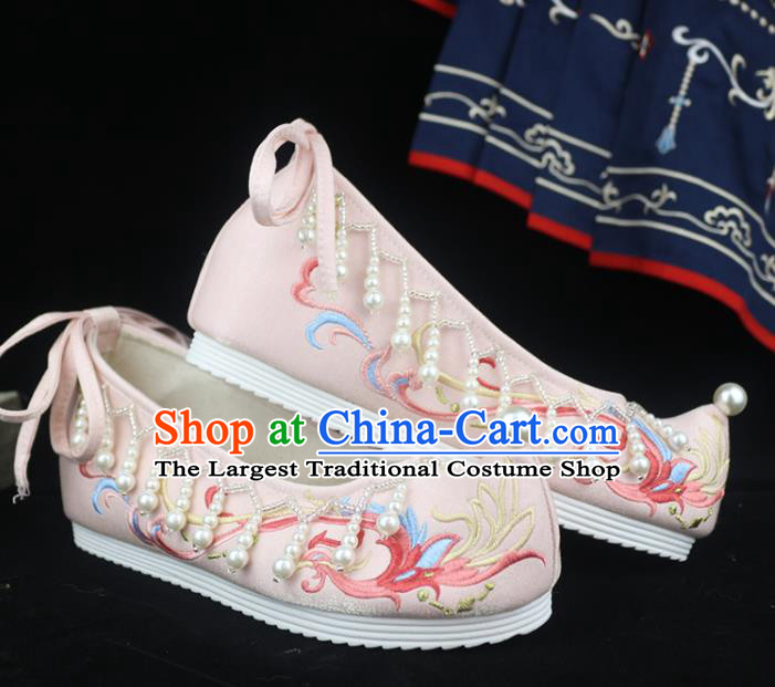 Chinese Ancient Princess Bow Shoes Embroidered Shoes Pink Satin Shoes Traditional Ming Dynasty Hanfu Shoes