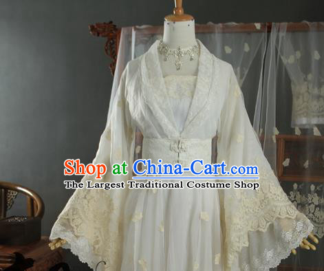 China Cosplay Fairy Jing Jiujiu Clothing Ancient Princess Garments Traditional Jin Dynasty Palace Lady Beige Hanfu Dress