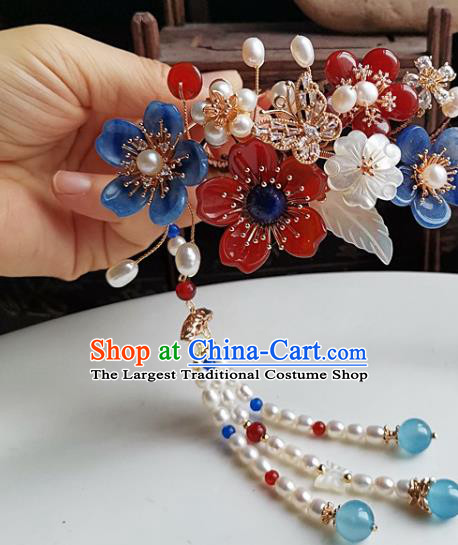 China Ming Dynasty Court Woman Hair Comb Traditional Hanfu Hair Accessories Handmade Ancient Imperial Concubine Tassel Hairpin