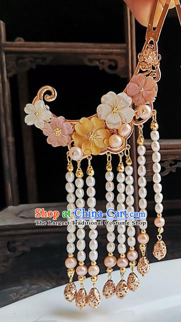 China Song Dynasty Court Woman Golden Hair Stick Traditional Hanfu Hair Accessories Handmade Ancient Empress Pearls Tassel Hairpin