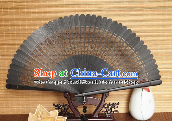 Handmade China Classical Black Accordion Traditional Folding Fans Carving Bamboo Fan