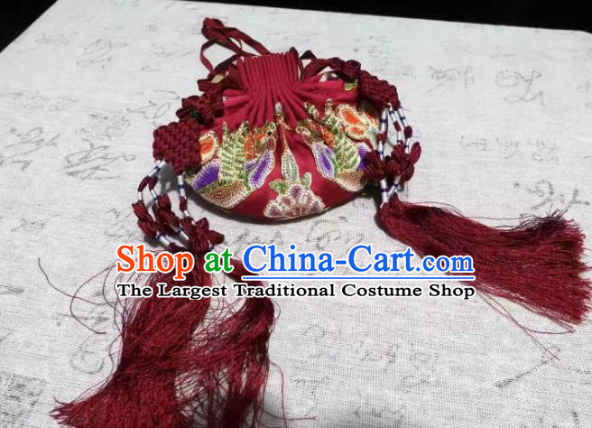 Chinese Traditional Hanfu Wine Red Silk Perfume Satchel Belt Pendant Ming Dynasty Waist Accessories Ancient Princess Embroidered Sachet