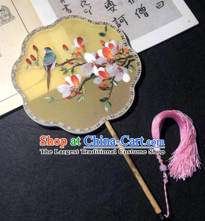 China Traditional Yellow Silk Fans Cheongsam Dance Fan Classical Palace Fan Handmade Double Side Suzhou Embroidered Mangnolia Fan