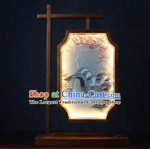 Chinese Embroidered Watertown Table Screen Suzhou Embroidery Desk Lamp Handmade LED Lantern Craft