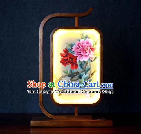 Chinese Suzhou Embroidery Craft Handmade Desk Lamp LED Lantern Embroidered Peony Table Screen
