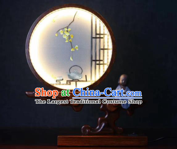 Chinese Handmade LED Lamp Embroidered Ginkgo Leaf Table Screen Suzhou Embroidery Craft Desk Lantern