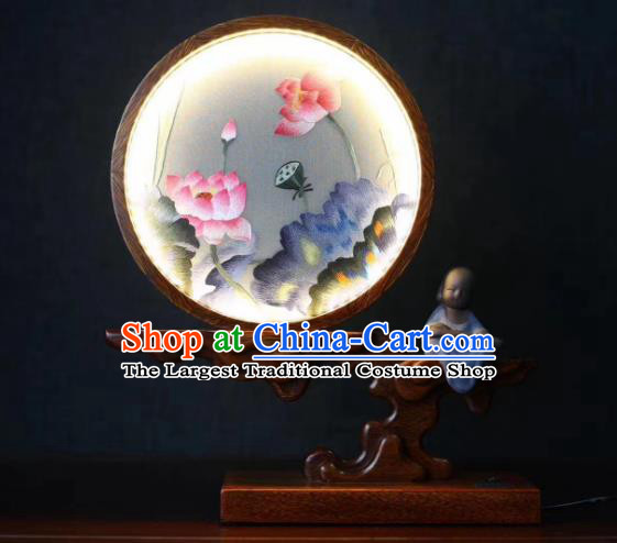 Chinese Embroidered Lotus Table Screen Suzhou Embroidery Craft Desk Lantern Handmade LED Lamp