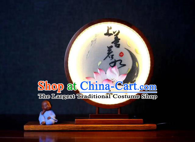 Chinese Suzhou Embroidered Lotus Table Screen Double Side Embroidery Craft Desk Lantern Handmade LED Lamp