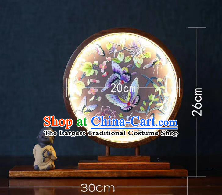 Chinese Double Side Embroidery Craft Handmade Desk Lantern LED Lamp Suzhou Embroidered Butterfly Table Screen