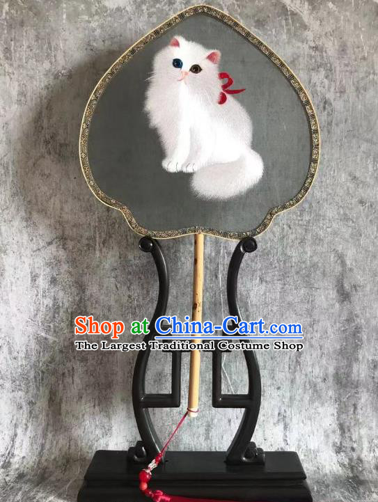China Traditional Hanfu Fan Embroidered Cat Palace Fan Handmade Double Side Grey Silk Fan Classical Dance Fans