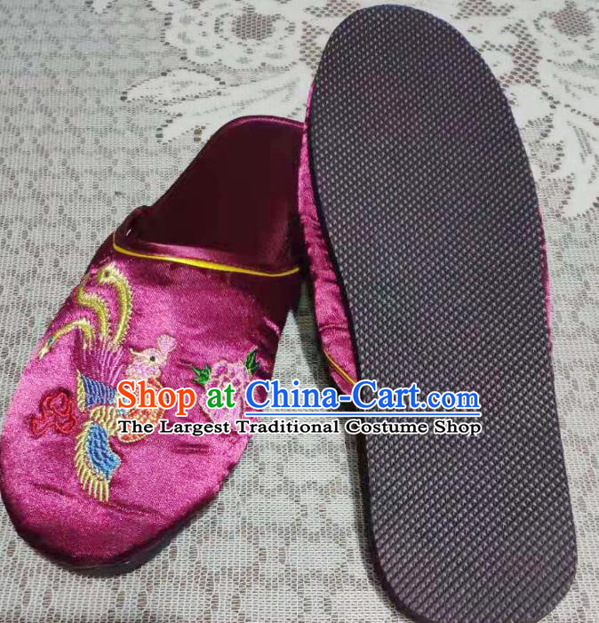 Chinese Embroidery Phoenix Peony Slippers Wedding Shoes Handmade Purple Satin Shoes