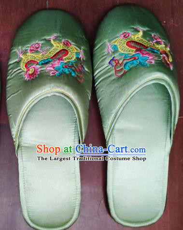 Chinese Handmade Light Green Satin Shoes Embroidery Dragon Slippers Wedding Bride Shoes