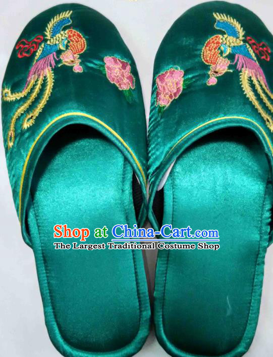Chinese Embroidery Phoenix Peony Slippers Wedding Footwear Bride Shoes Handmade Green Satin Shoes
