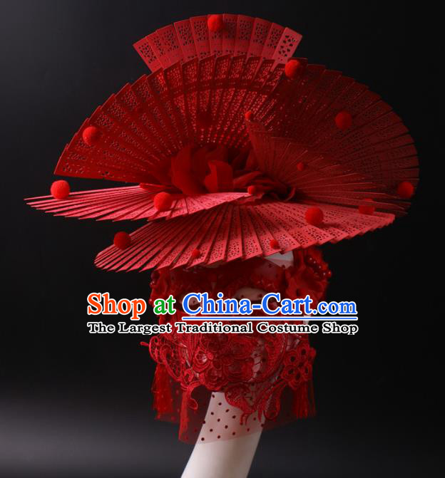 China Stage Show Headdress Catwalks Red Fans Hair Crown Giant Hair Accessories