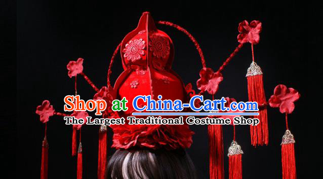 China Stage Show Headdress Catwalks Red Gourd Tassel Hair Crown Traditional Wedding Giant Hair Accessories