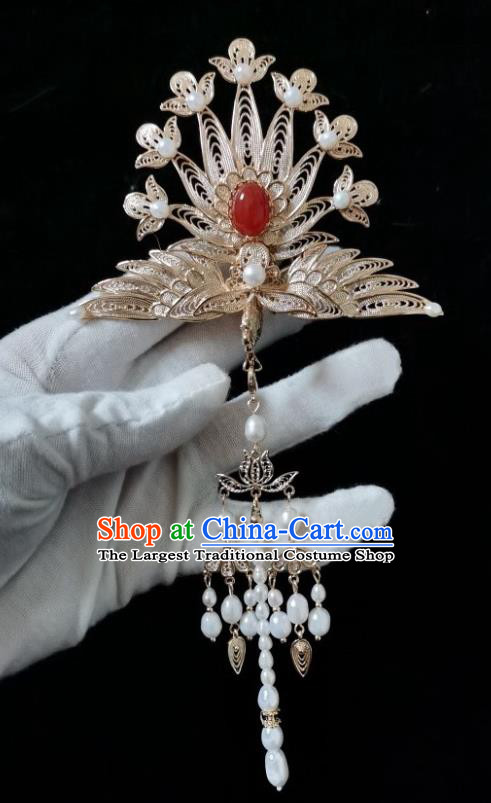 China Traditional Hanfu Tassel Hairpin Ancient Court Woman Hair Accessories Ming Dynasty Empress Golden Phoenix Hair Crown