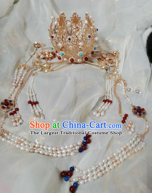 China Tang Dynasty Palace Lady Golden Lotus Hair Crown Traditional Hanfu Hair Accessories Ancient Princess Tassel Hairpins