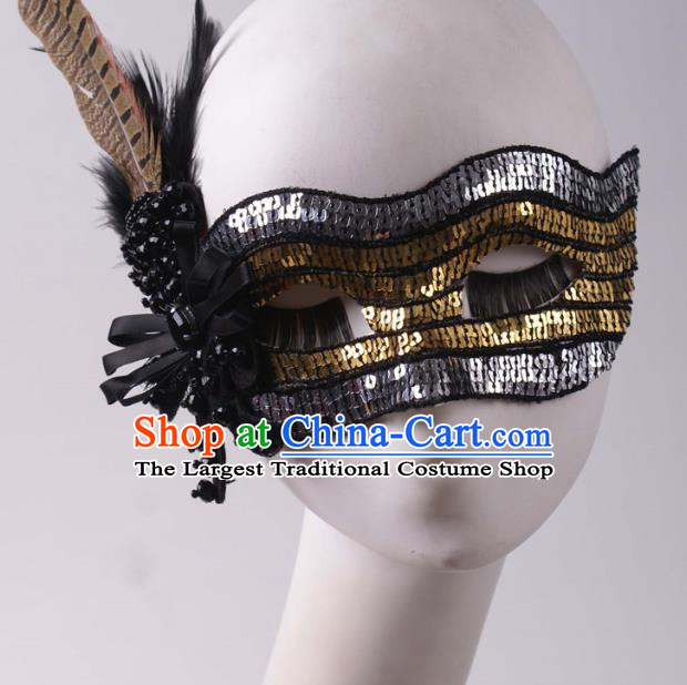 Handmade Carnival Sequins Face Mask Stage Show Blinder Headpiece Halloween Cosplay Party Woman Feather Mask