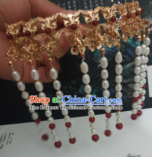 China Ancient Imperial Consort Pearls Tassel Hairpin Traditional Hanfu Hair Accessories Ming Dynasty Empress Golden Phoenix Hair Crown