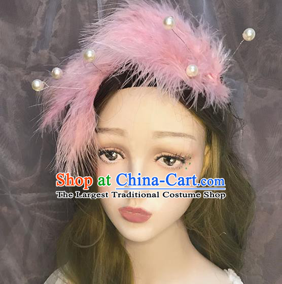 Top Baroque Bride Pearls Hair Claws Stage Show Pink Feather Hair Stick Catwalks Ballet Dance Performance Hair Accessories