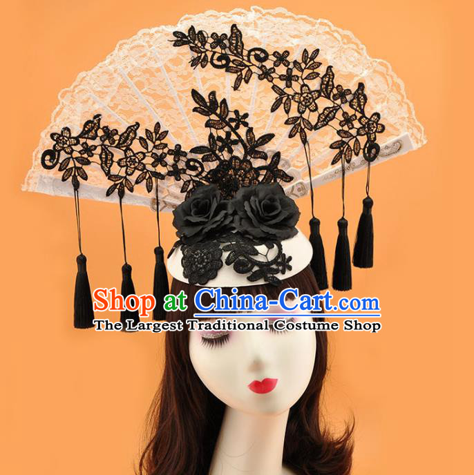 Chinese Court Lace Fan Top Hat Catwalks Deluxe Black Tassel Headdress Stage Show Blue and White Porcelain Hair Crown