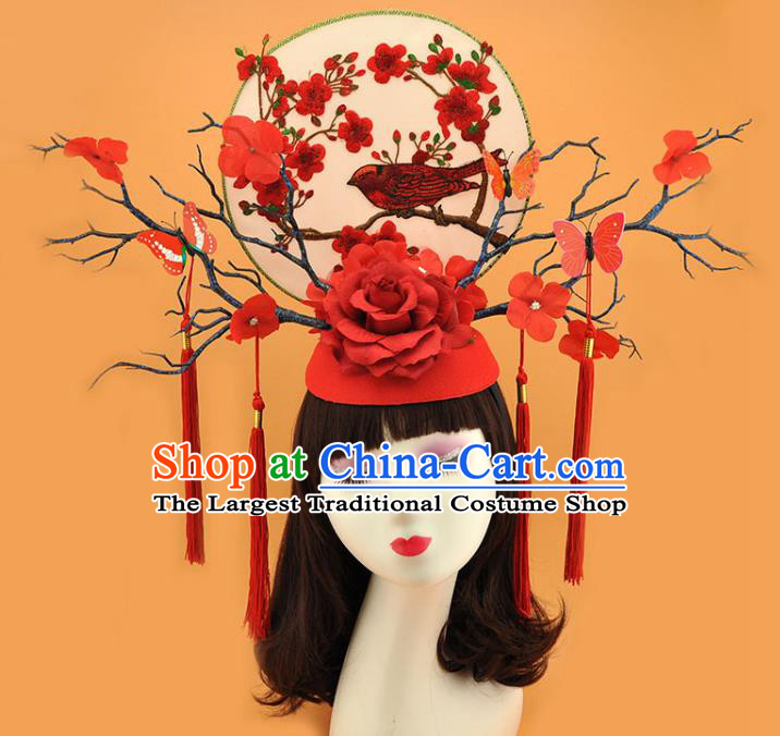 Chinese Traditional Court Branch Top Hat Qipao Catwalks Deluxe Red Rose Headpiece Stage Show Hair Crown