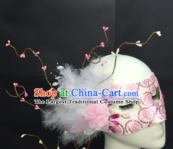 Handmade Halloween Cosplay Pink Mask Costume Party Blinder Headpiece Rio Carnival Feather Face Mask
