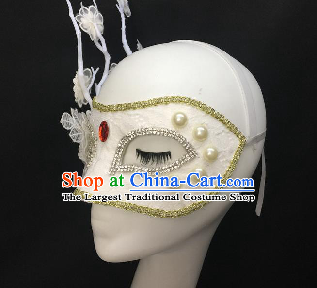 Handmade Halloween Cosplay White Lace Mask Costume Party Flowers Branch Blinder Headpiece Rio Carnival Pearls Face Mask