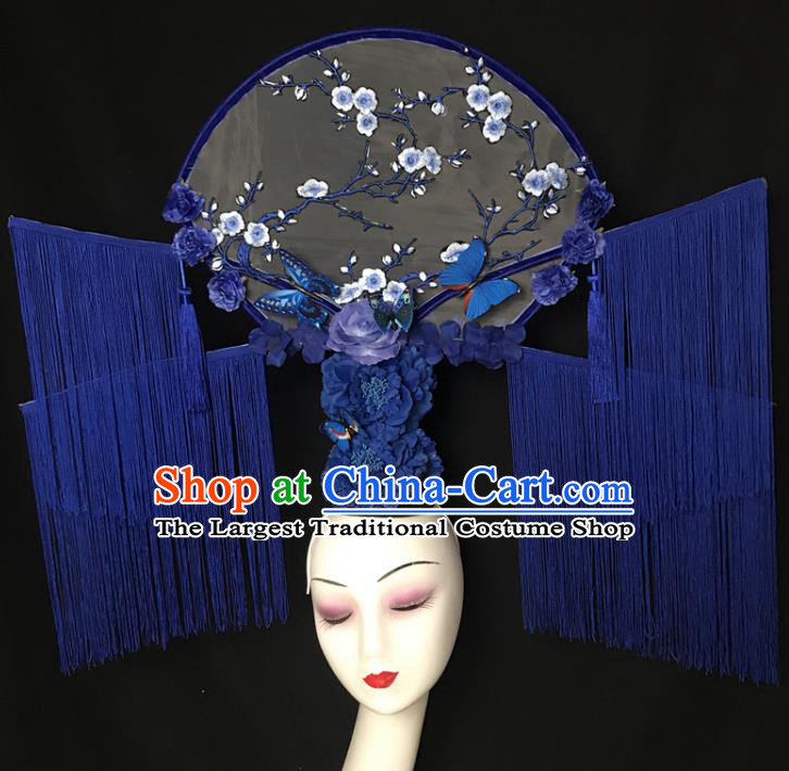 China Court Fan Hair Clasp Catwalks Fashion Tassel Headdress Handmade Bride Giant Headwear Cheongsam Show Embroidered Plum Hair Crown