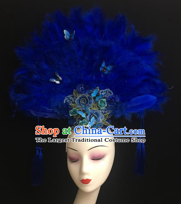 China Cheongsam Show Blue Feather Hair Crown Court Fan Hair Clasp Catwalks Bride Giant Headdress Handmade Fashion Butterfly Headwear
